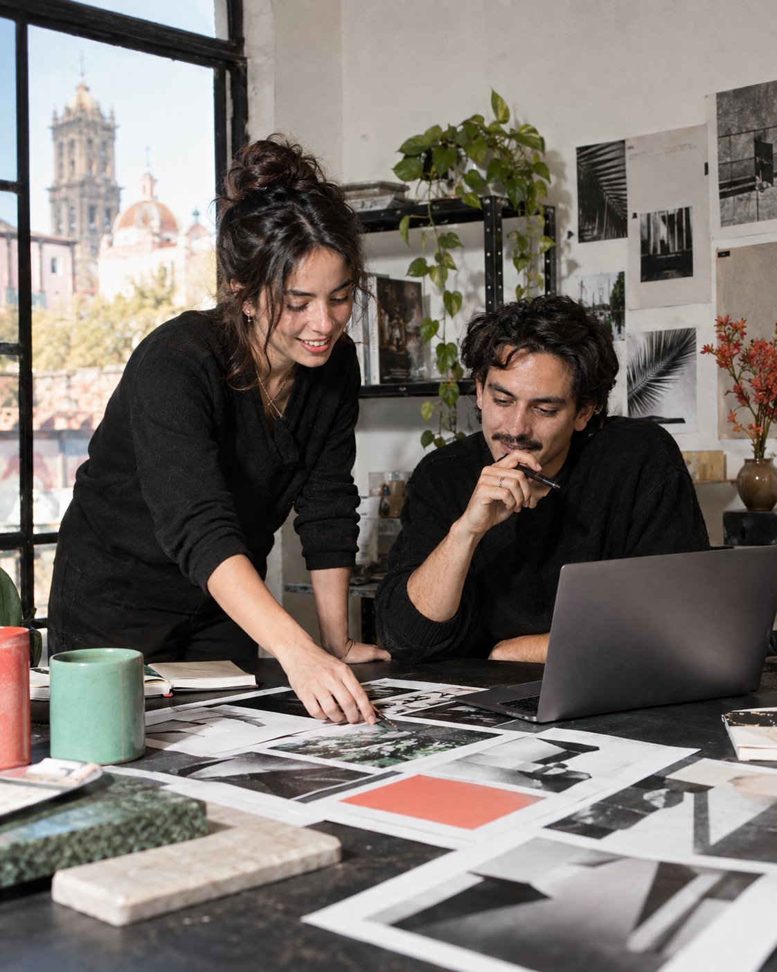 Dos personas revisan ideas en un estudio creativo.