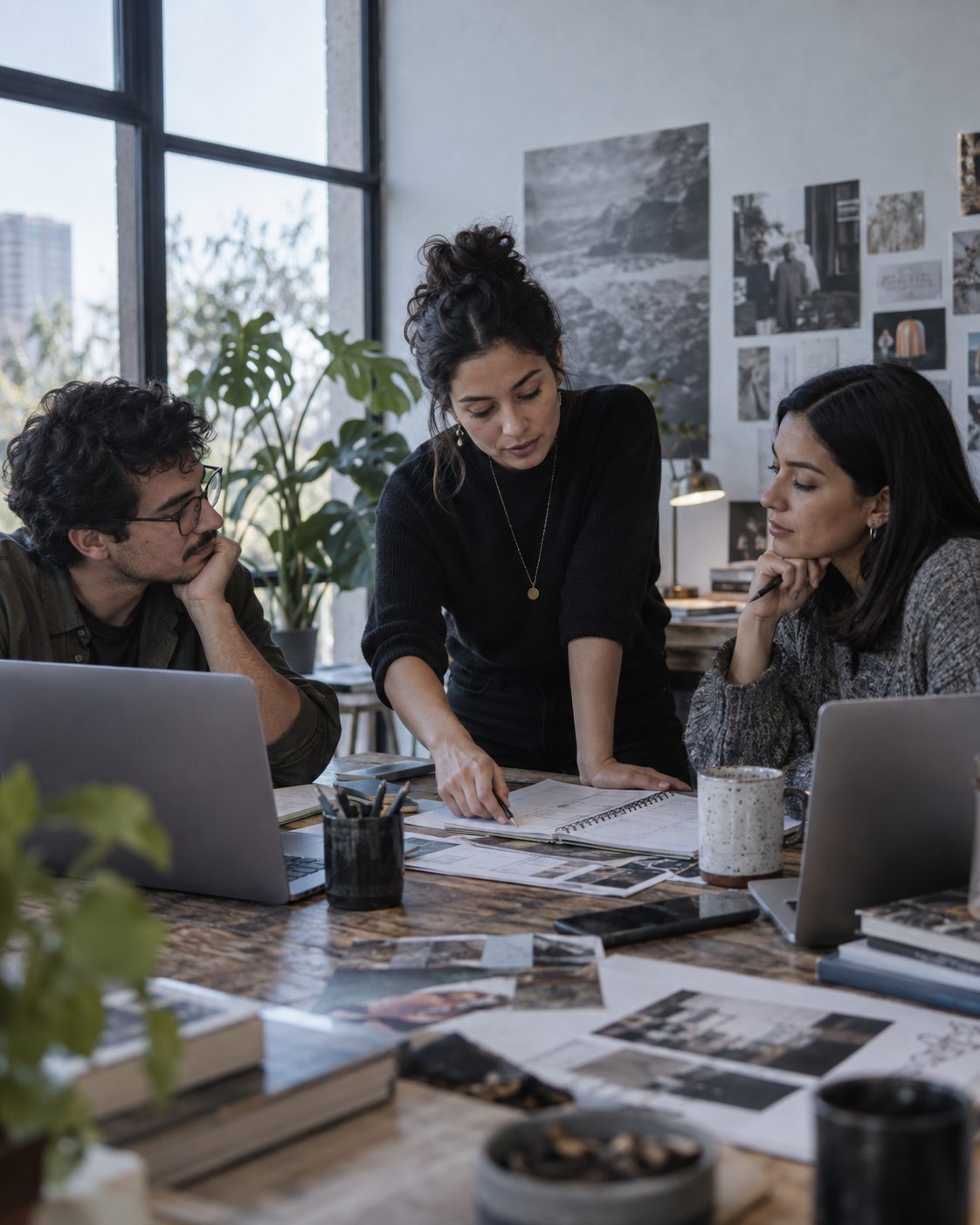 Tres personas coordinan un proyecto alrededor de una mesa.
