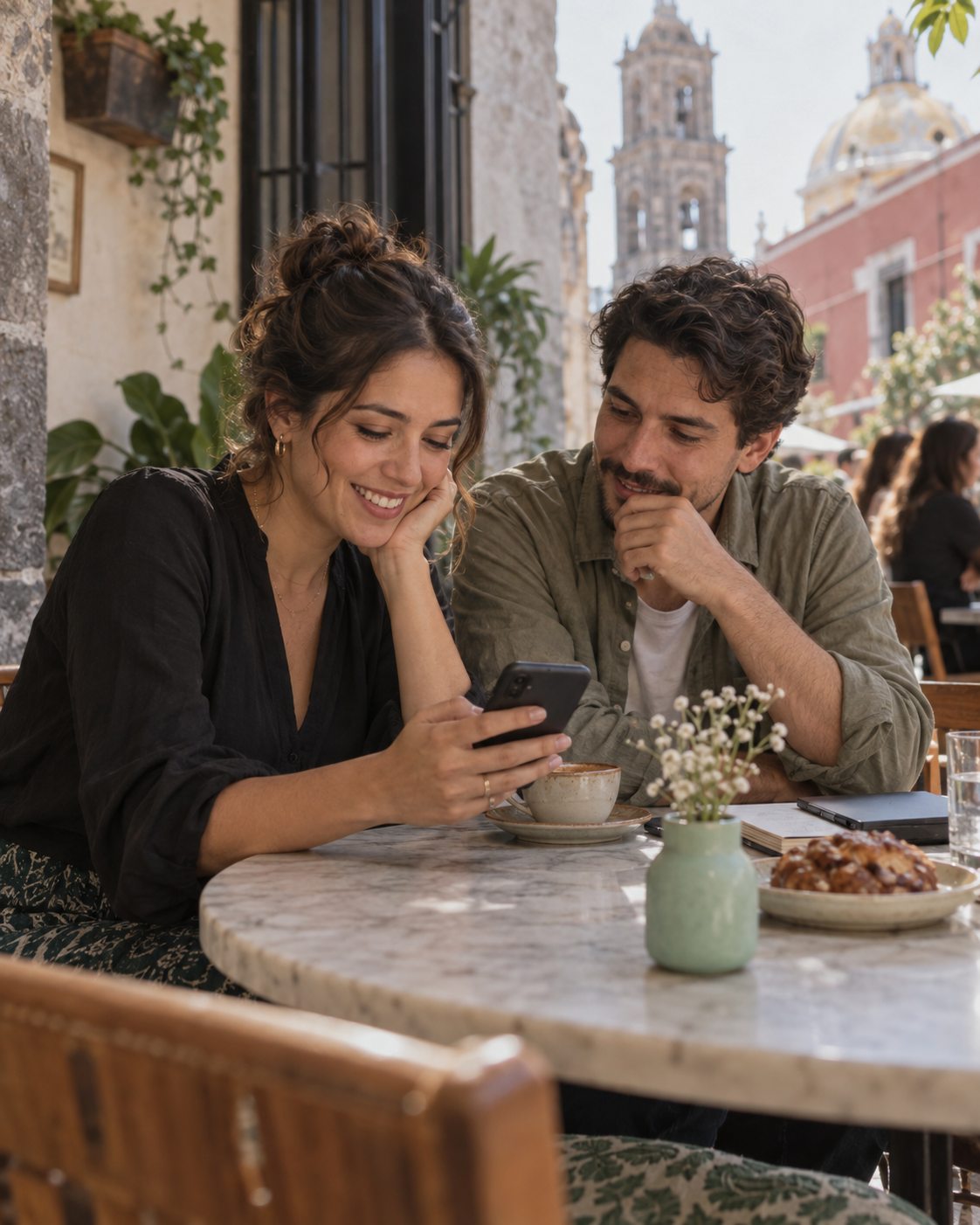 Una emprendedora y un diseñador revisan un sitio en el celular en una cafetería.